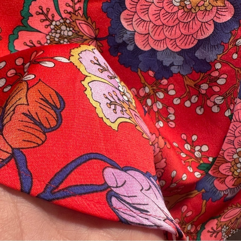 Express Red Oriental Blossoms Choker Cap-sleeve Silky Blouse XXS TTP Light - Picture 8 of 16